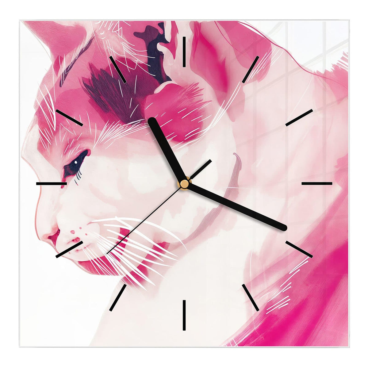 Wanduhr aus Glas, Ziffernblatt Linie mit Motiv Pinke Aquarellkatze: Stilisierte Katze im Profil, ganz in Rosa- und Pinktönen gemalt, weiße Schnurrhaarstriche