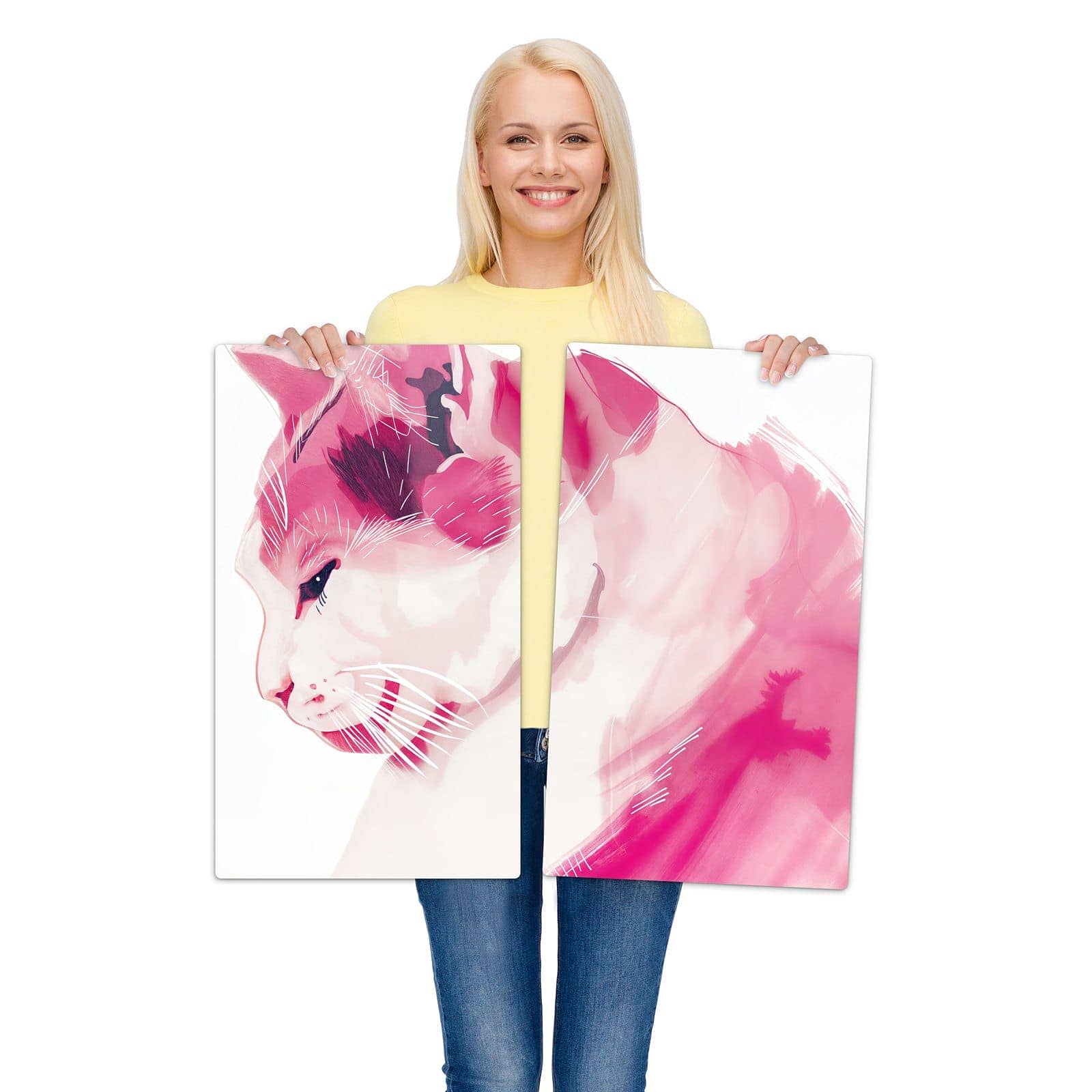 2-teilige Herdabdeckplatte mit Katzenportrait-Motiv wird zur Größendarstellung gehalten