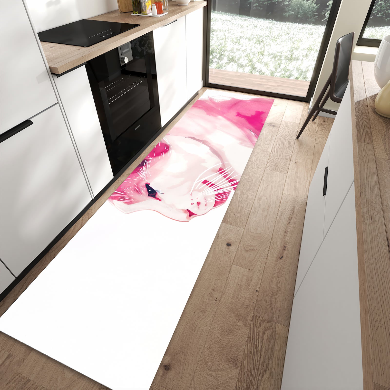 Abriebfester moderner Küchenläufer mit Motiv Katzenportrait in moderner Küche