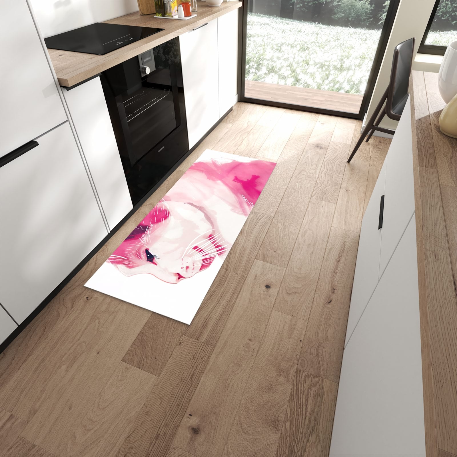 Feuchtigkeitsresistenter Küchenläufer mit Motiv Katzenportrait in moderner Küche #grösse_60 x 150 cm