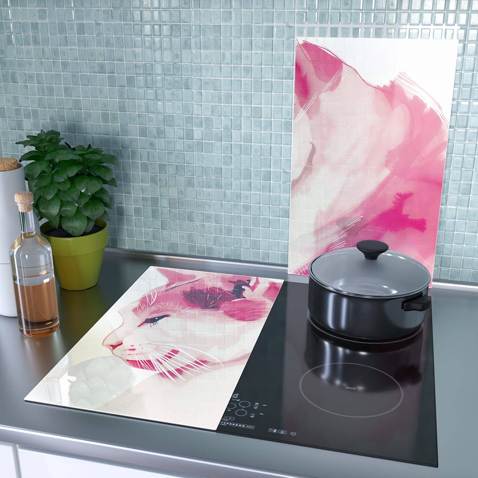2-teilige Herdabdeckplatte mit Katzenportrait-Motiv als Spritzschutz hinter dem Kochfeld