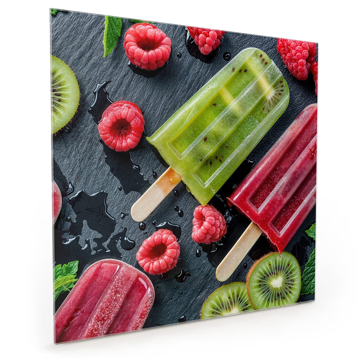 Küchenrückwand aus Glas im quadratischen Format mit Motiv Fruchteis auf Schiefer: Grünes Kiwi-Eis und rotes Beereneis am Stiel auf dunkler Schieferplatte #grösse_40 x 40 cm #grösse_50 x 50 cm #grösse_60 x 60 cm
