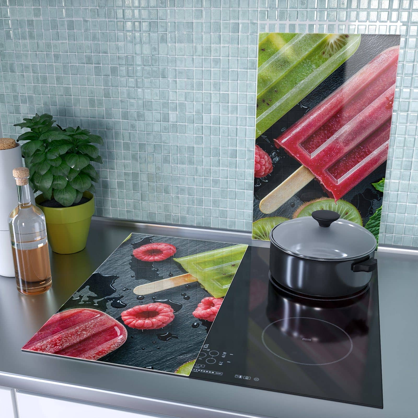 2-teilige Herdabdeckplatten mit Frisches Eis am Stiel-Motiv als Spritzschutz hinter dem Kochfeld