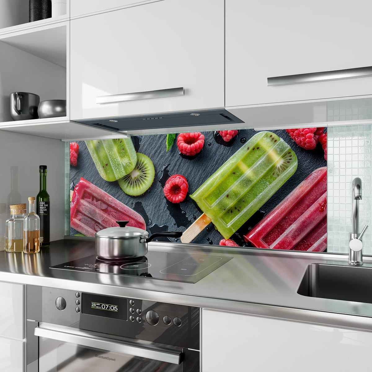 Küchenrückwand aus Glas Fruchteis auf Schiefer im Hochformat als Spritzschutz hinter dem Kochfeld, über dem Fliesenspiegel montiert