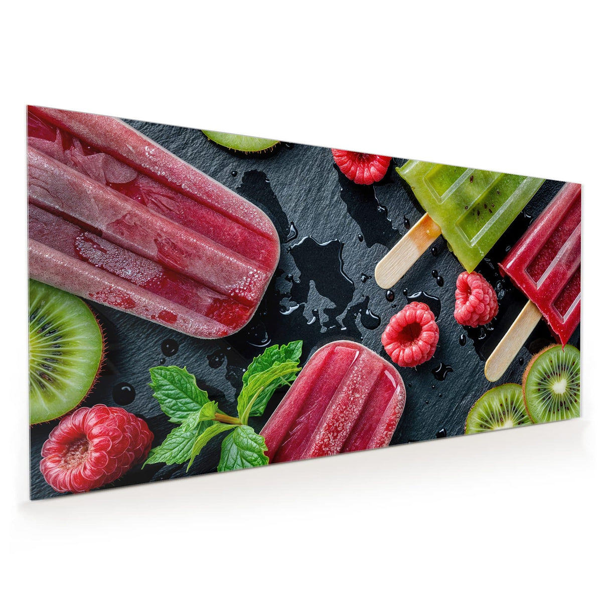 Küchenrückwand aus Glas im Hochformat mit Motiv Fruchteis auf Schiefer: Grünes Kiwi-Eis und rotes Beereneis am Stiel auf dunkler Schieferplatte