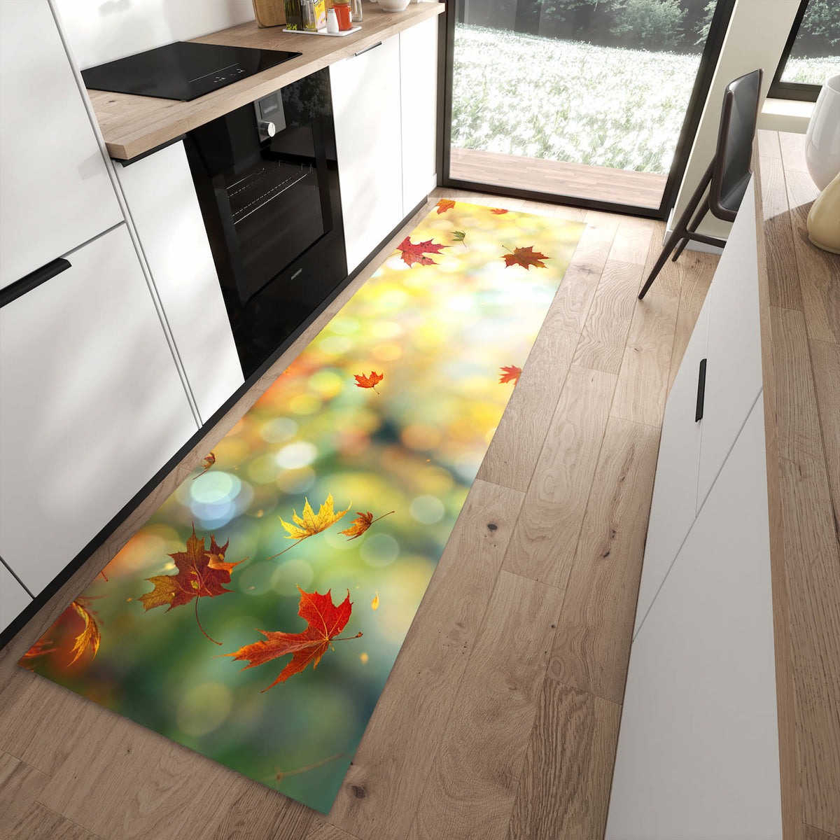 UV-beständiger waschbarer Küchenteppich mit Motiv Herbstlaub Wald in moderner Küche
