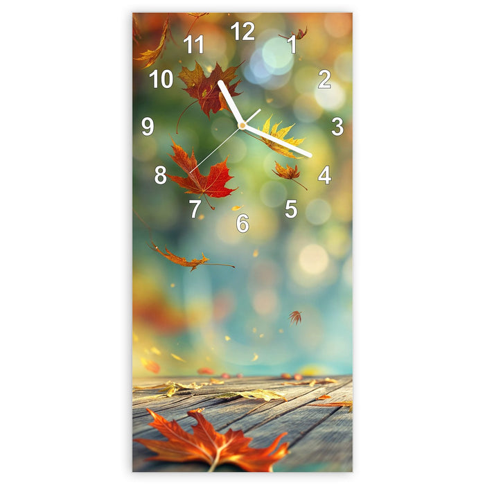 Wanduhr Herbstlaub Wald aus Glas – Hochformat 30 × 60 cm mit Ziffernblatt Modern
