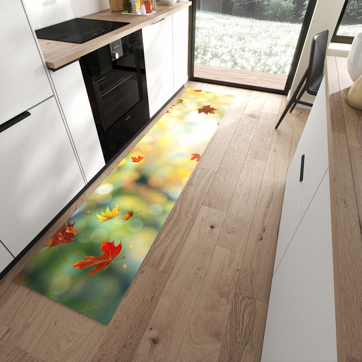 Formstabiler langer Teppich mit Motiv Herbstlaub Wald in moderner Küche