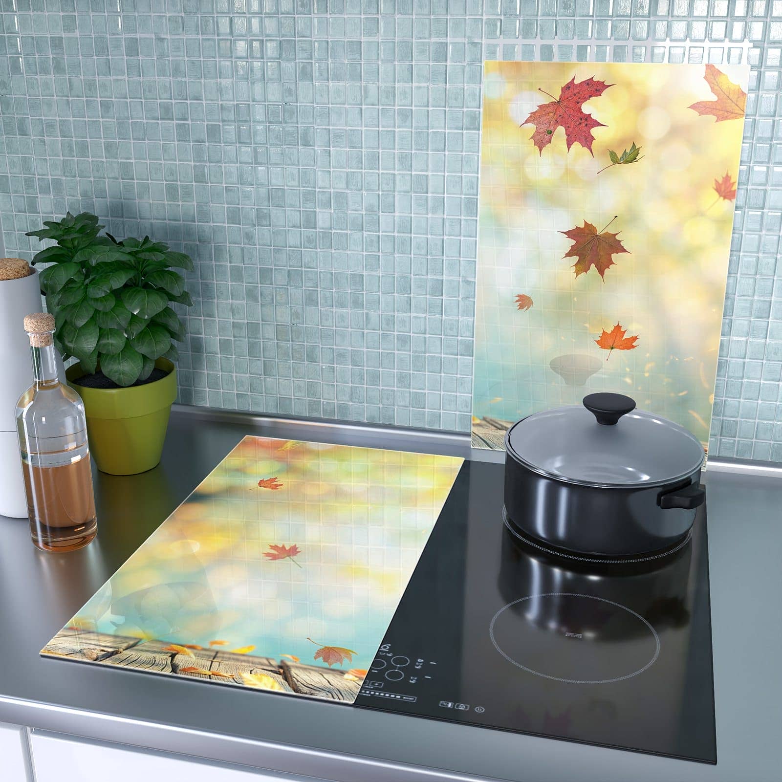 2-teilige Abdeckplatten für den Herd mit Herbstlaub Wald-Motiv als Spritzschutz hinter dem Kochfeld