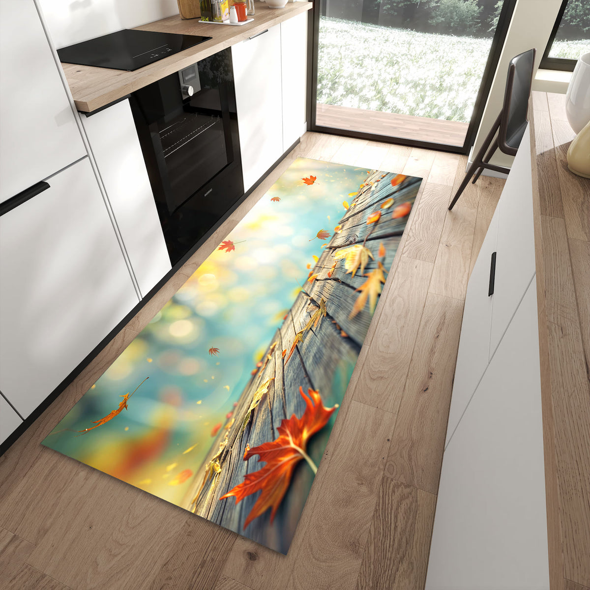 Fleckenresistenter rutschfester Küchenteppich mit Motiv Herbstlaub Wald in moderner Küche