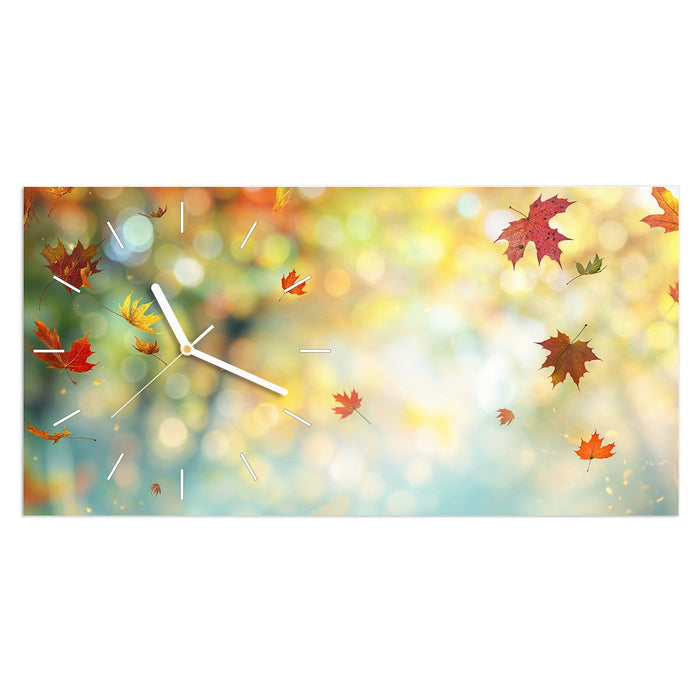 Wanduhr Herbstlaub Wald aus Glas – Querformat 60 × 30 cm mit Ziffernblatt Linie