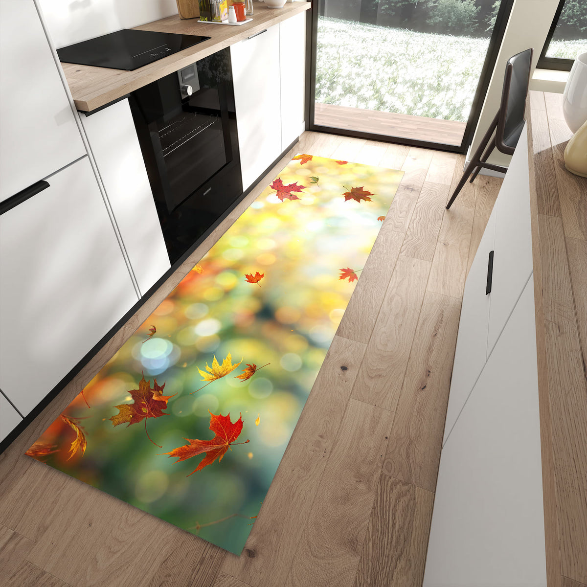 Abriebfester Küchenteppich mit Motiv Herbstlaub Wald in moderner Küche