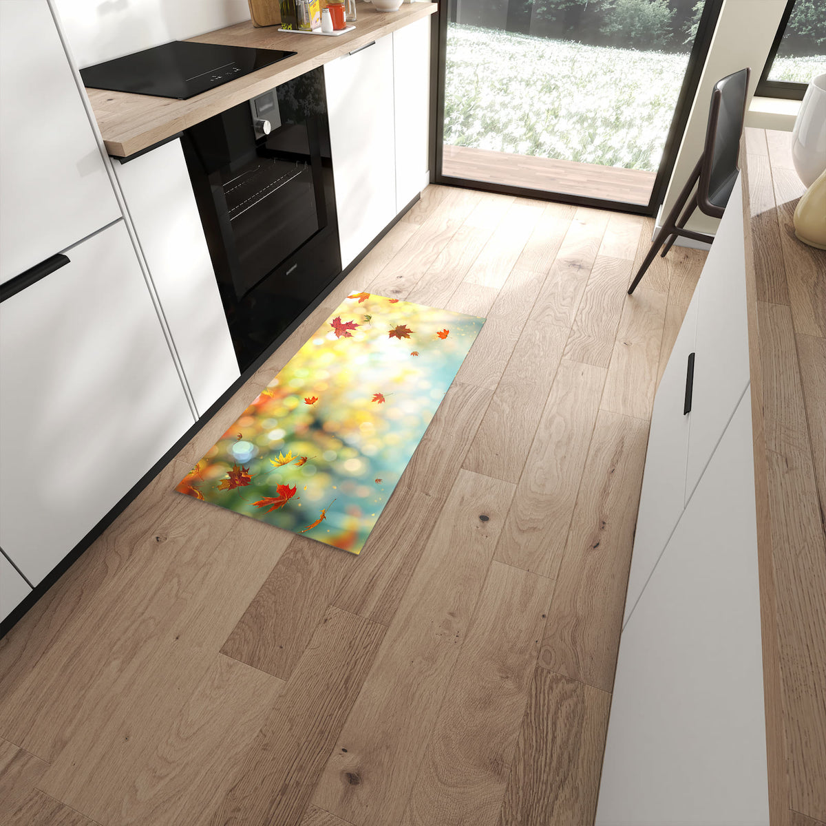 Bodenschonender Küchenteppich mit Motiv Herbstlaub Wald in moderner Küche #grösse_60 x 120 cm