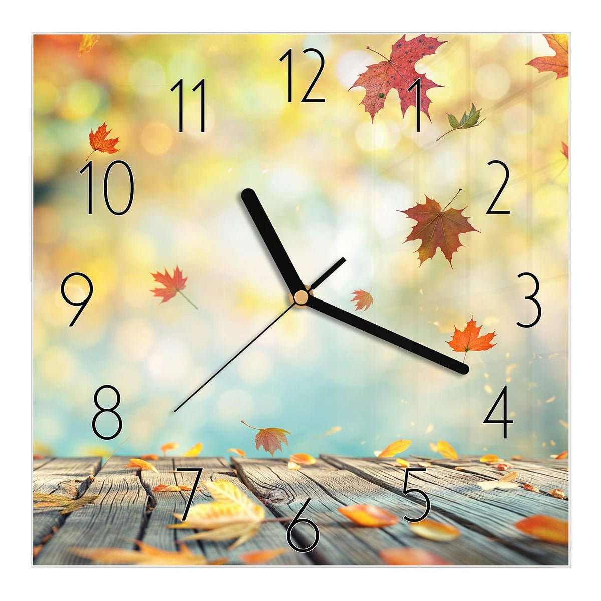 Wanduhr aus Glas, Ziffernblatt Elegant mit Motiv Herbstlaub auf Holz: Fallende rote und gelbe Ahornblätter über grauen Holzdielen vor türkis-goldenem Bokeh #ziffernblatt_Elegant