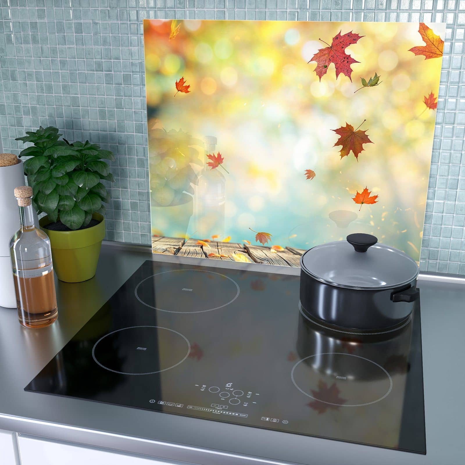 1-teilige Herdabdeckplatte mit Herbstlaub Wald-Motiv als Spritzschutz hinter dem Kochfeld