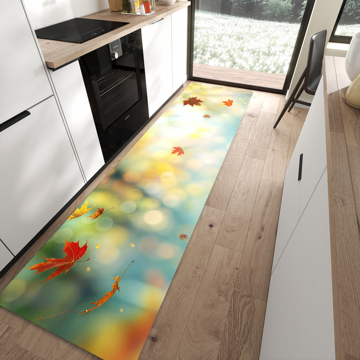 Küchenteppich mit Motiv Herbstlaub Wald für Trittkomfort in moderner Küche, waschbar