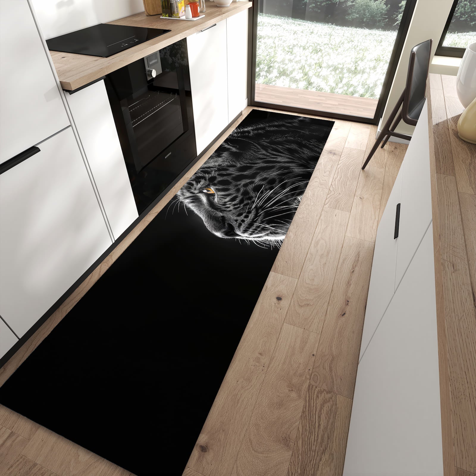 UV-beständiger Teppich für Küche mit Motiv Leopard Silhouette in moderner Küche