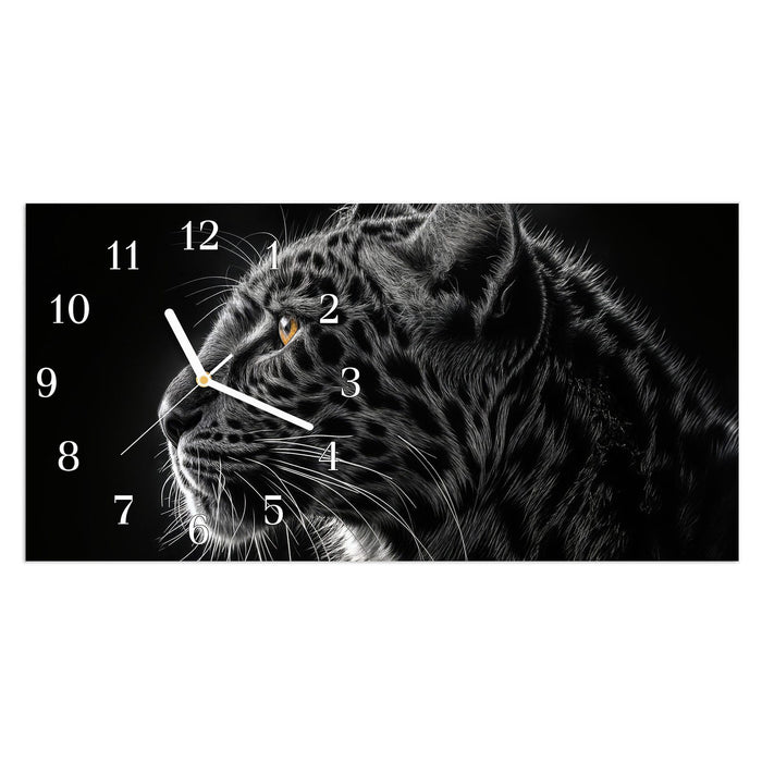 Wanduhr Leopard Silhouette aus Glas – Querformat 60 × 30 cm mit Ziffernblatt Klassisch
