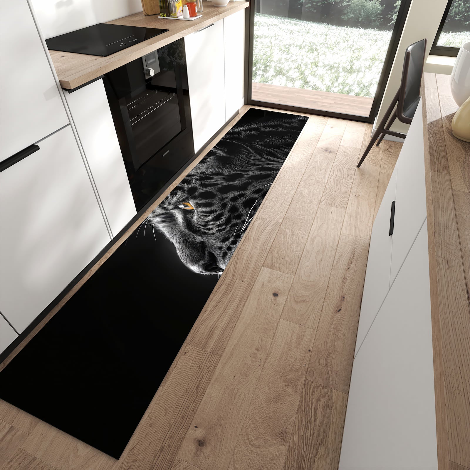 Formstabiler Küchenläufer mit Motiv Leopard Silhouette in moderner Küche