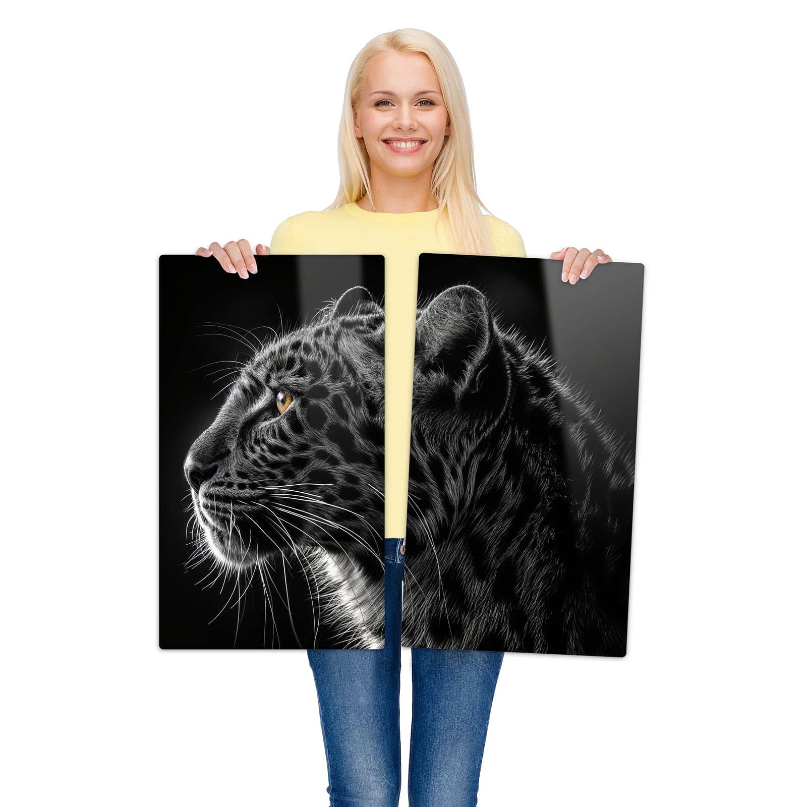 2-teilige Abdeckplatten für Herd mit Leopard Silhouette-Motiv wird zur Größendarstellung gehalten
