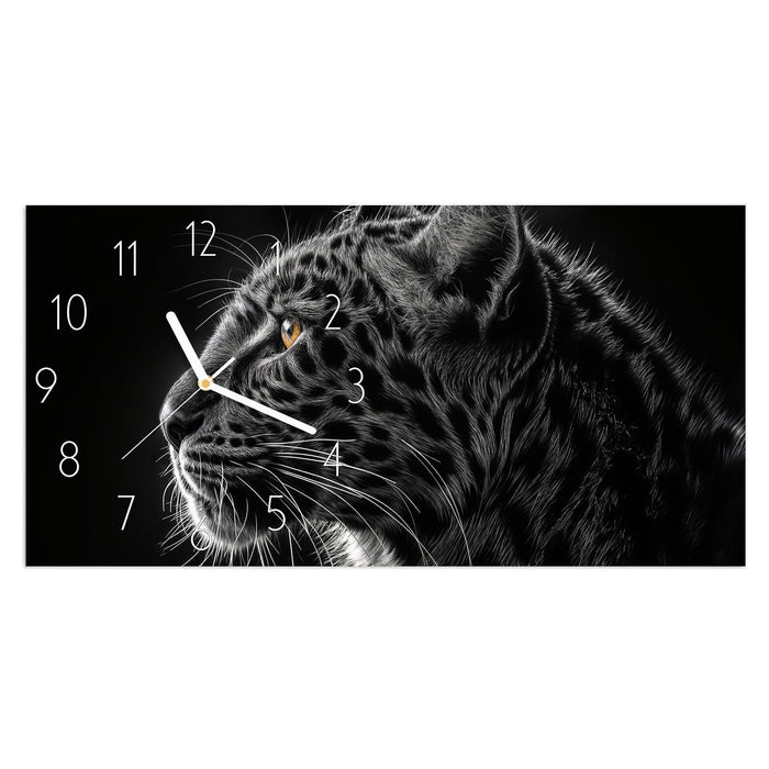 Wanduhr Leopard Silhouette aus Glas – Querformat 60 × 30 cm mit Ziffernblatt Elegant
