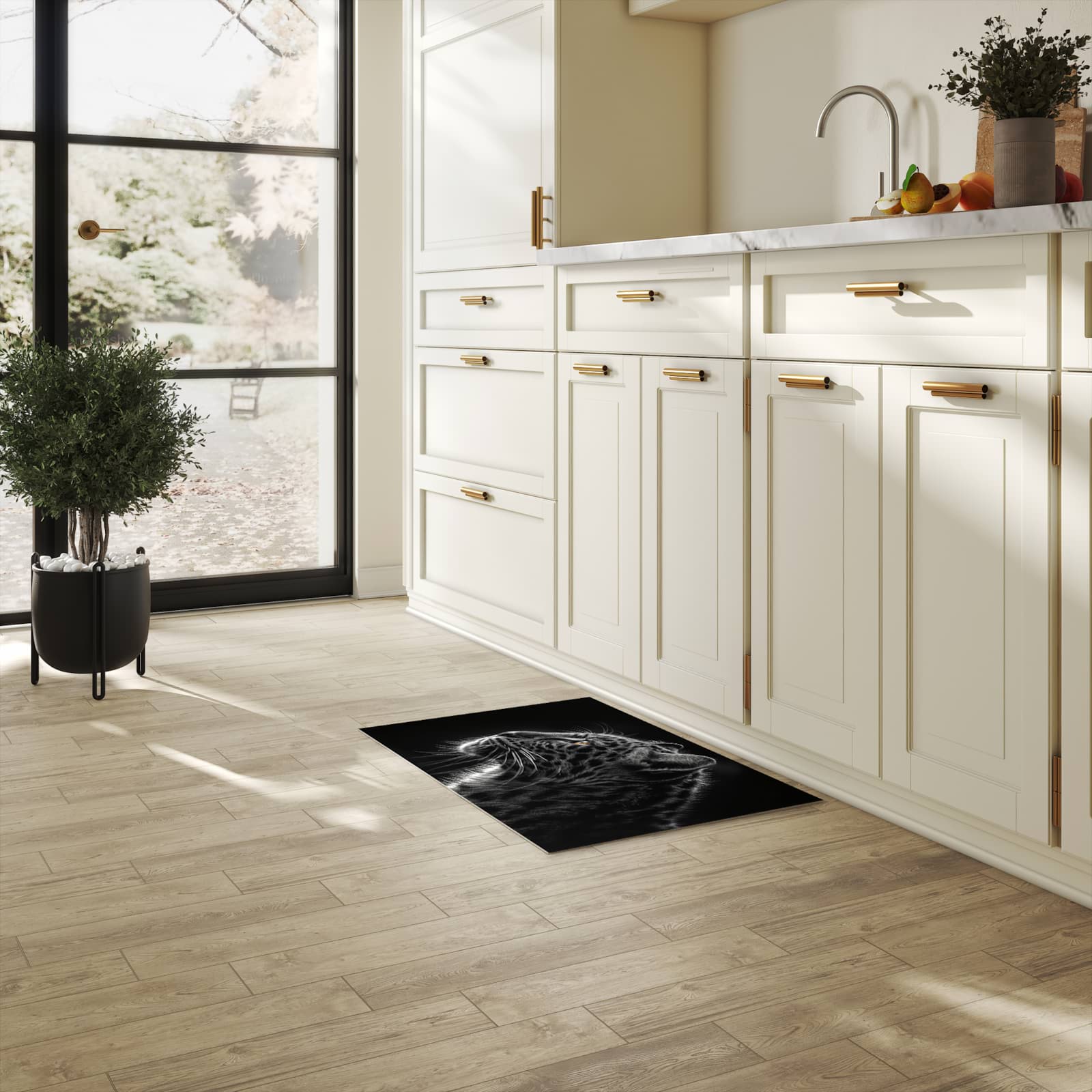 Pflegeleichter Küchenteppich mit Motiv Leopard Silhouette in heller Küche