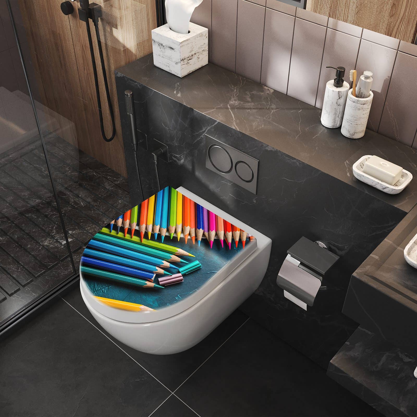 WC-Sitz mit Absenkautomatik Buntstifte auf Holz