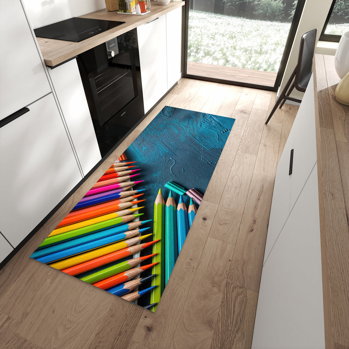 Hygienischer Läufer für die Küche mit Motiv Buntstifte auf Holz in moderner Küche