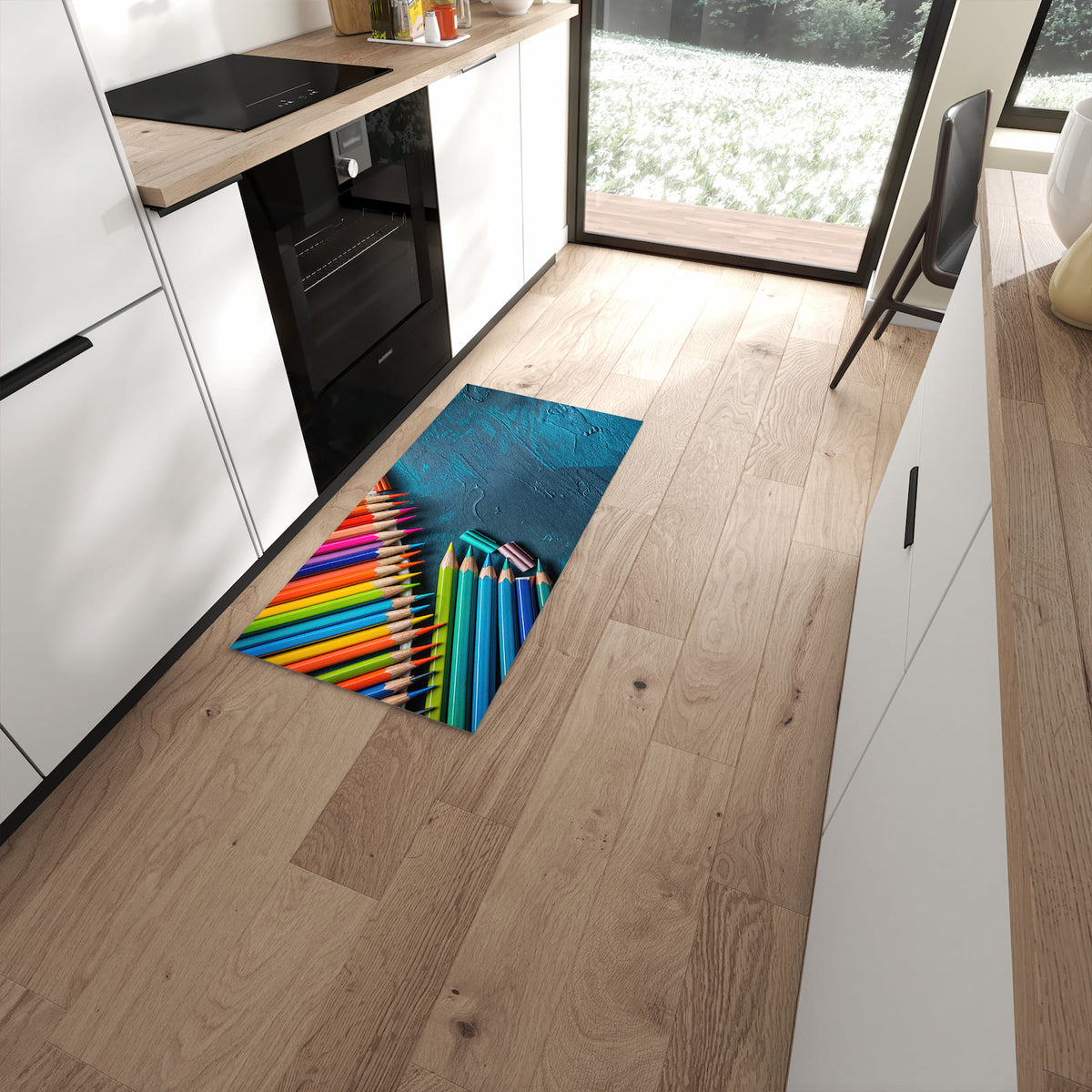 Langlebiger Küchenteppich mit Motiv Buntstifte auf Holz in moderner Küche #grösse_60 x 120 cm