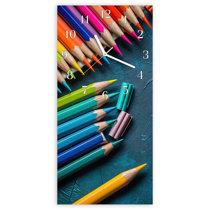 Wanduhr Buntstifte auf Holz aus Glas – Hochformat 30 × 60 cm mit Ziffernblatt Klassisch