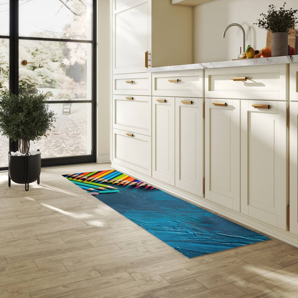 Rutschfester Küchenteppich mit Motiv Buntstifte auf Holz in heller Küche