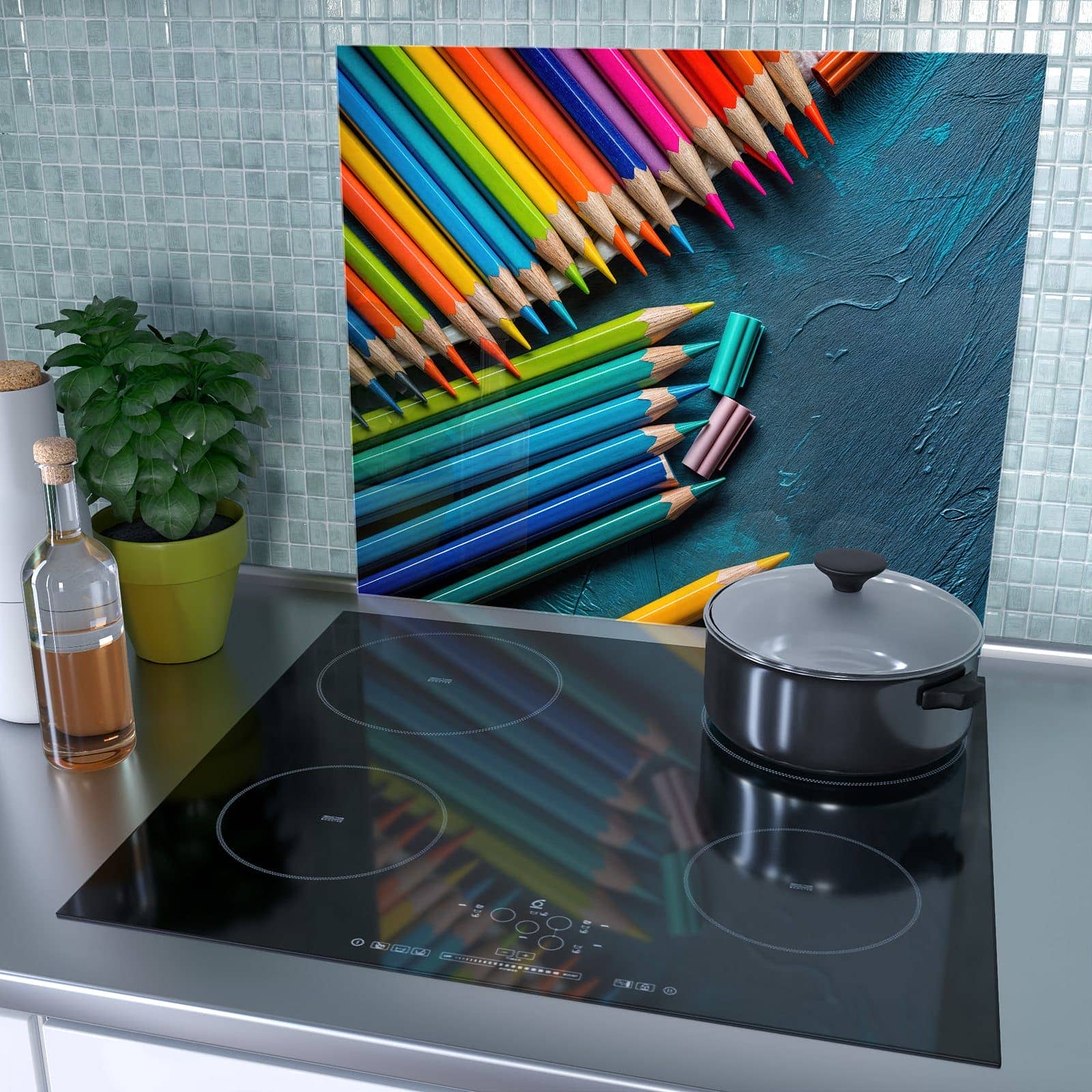 1-teilige Ceranfeld Abdeckplatten mit Buntstifte auf Holz-Motiv als Spritzschutz hinter dem Kochfeld
