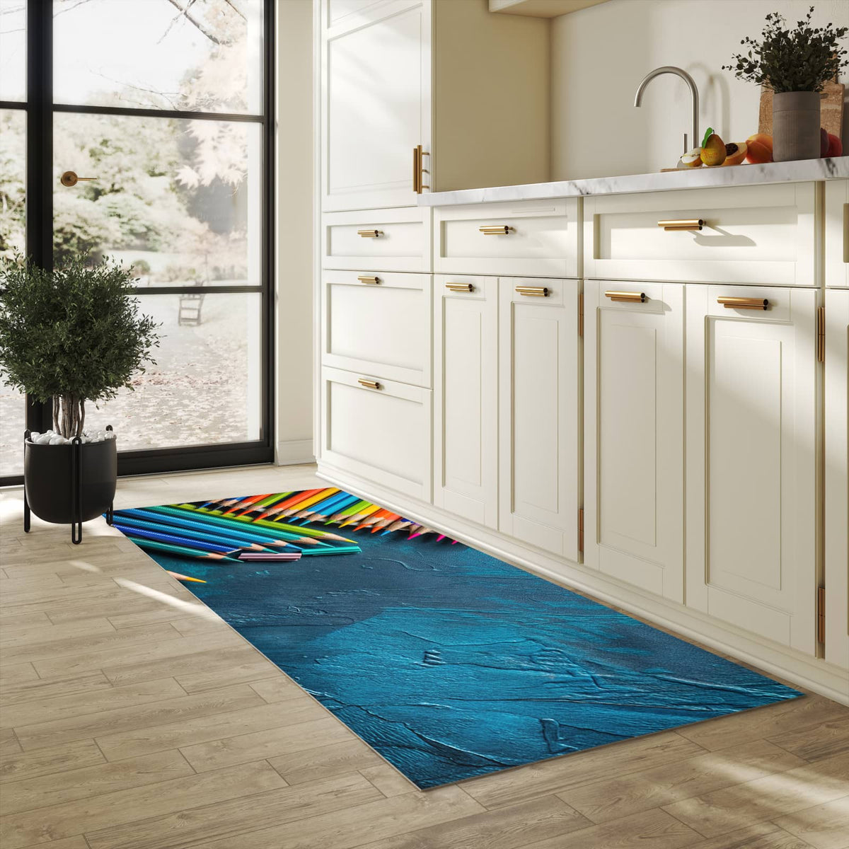 Geräuschdämpfender waschbarer Küchenteppich mit Motiv Buntstifte auf Holz in heller Küche