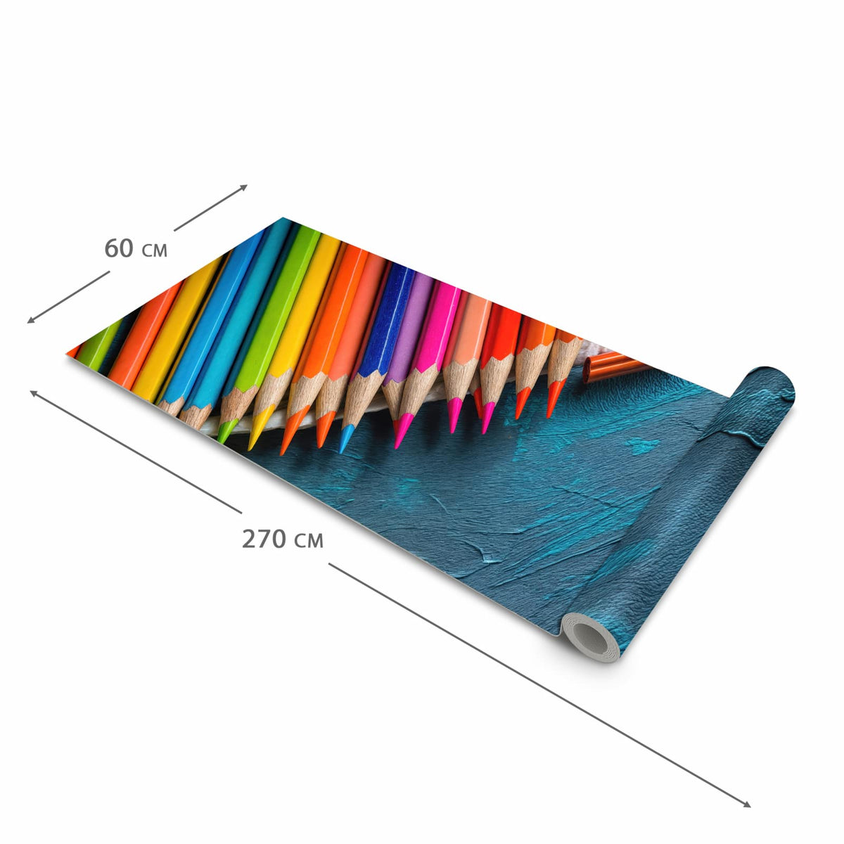 Pflegeleichter langer Teppich mit Motiv Buntstifte auf Holz in der Grösse 60x270 cm