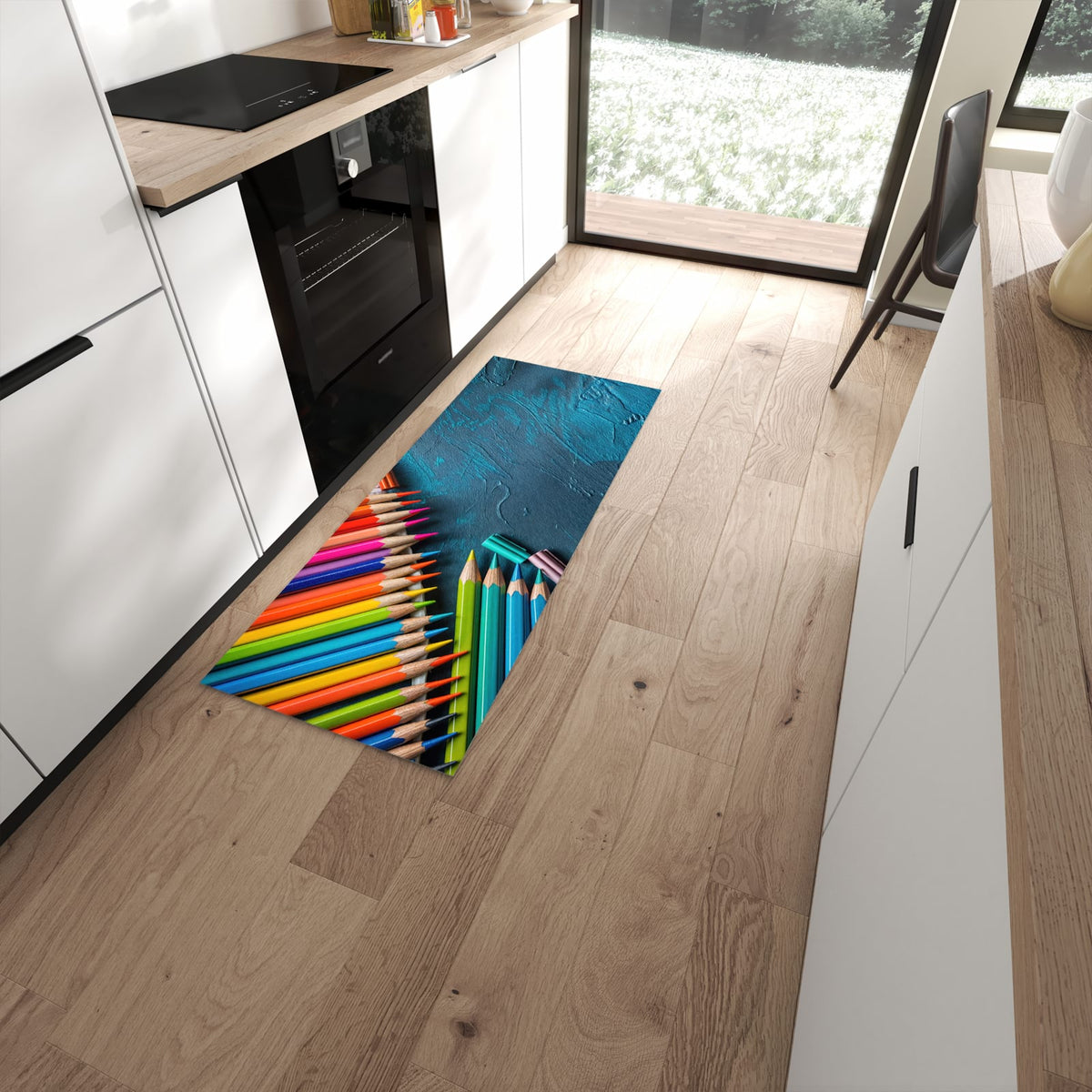Flacher Küchenteppich mit Motiv Buntstifte auf Holz in moderner Küche #grösse_60 x 150 cm