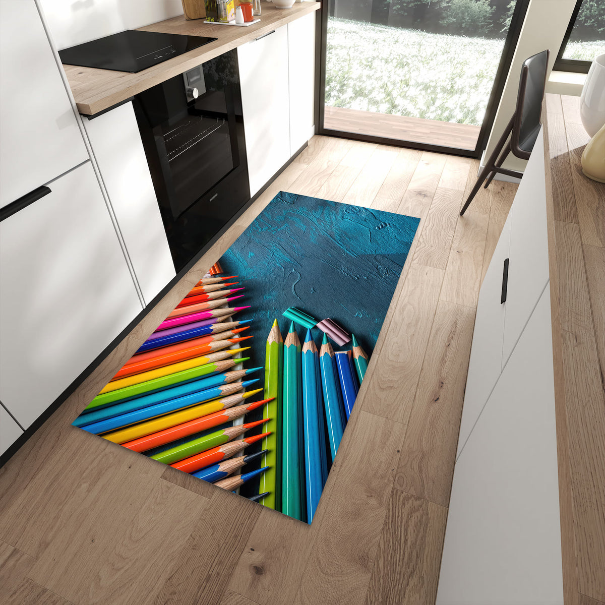 Rutschfester waschbarer Küchenteppich mit Motiv Buntstifte auf Holz in moderner Küche