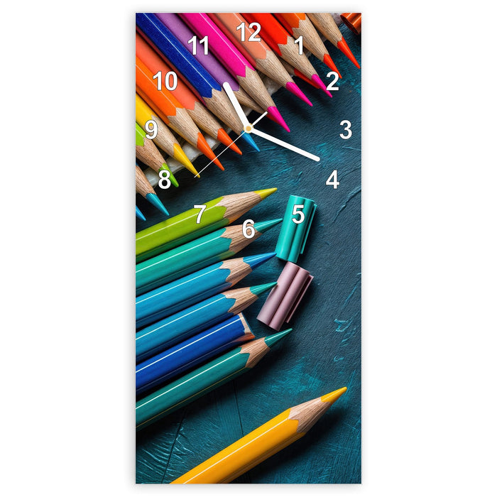 Wanduhr Buntstifte auf Holz aus Glas – Hochformat 30 × 60 cm mit Ziffernblatt Modern