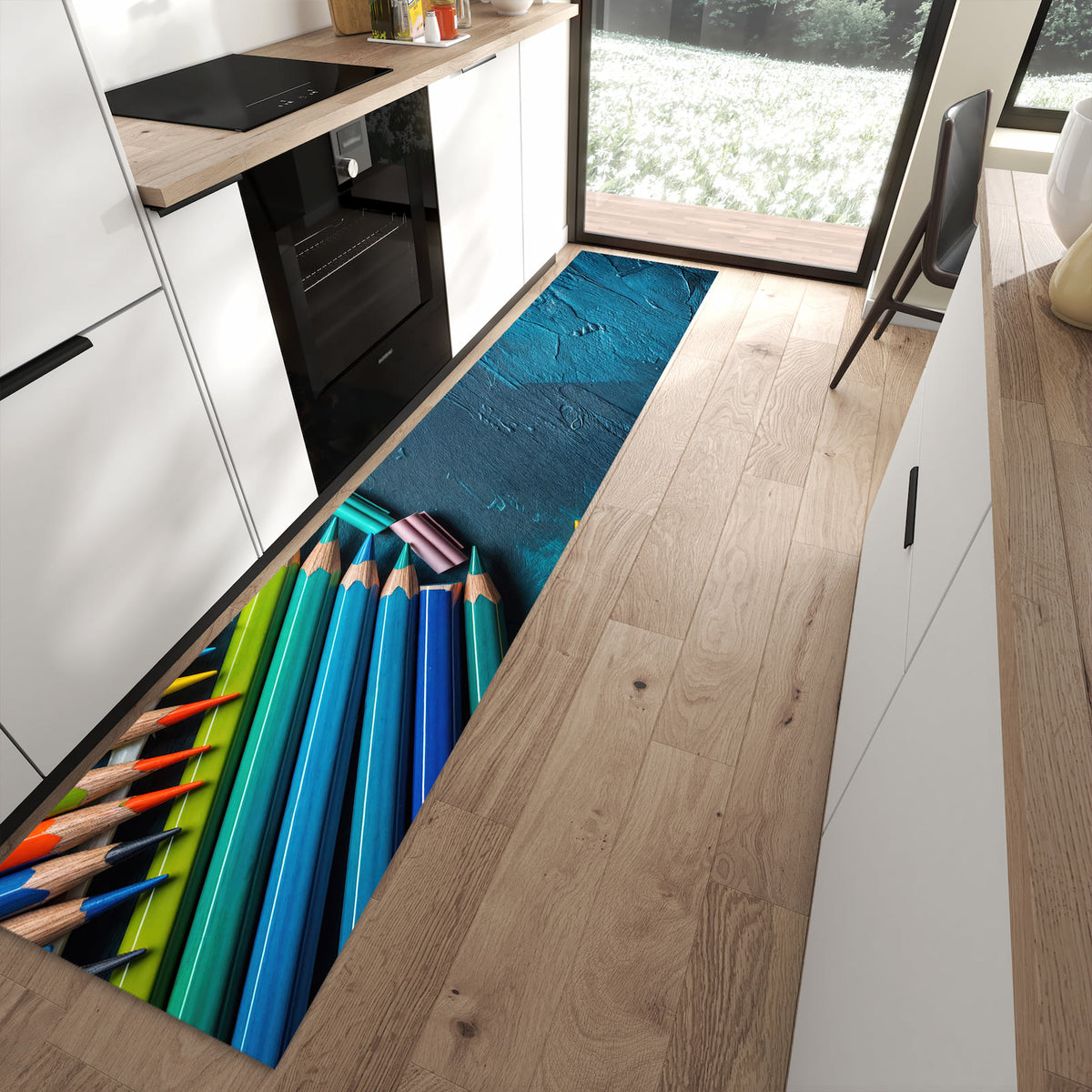 Pflegeleichter Küchenteppich mit Motiv Buntstifte auf Holz in moderner Küche