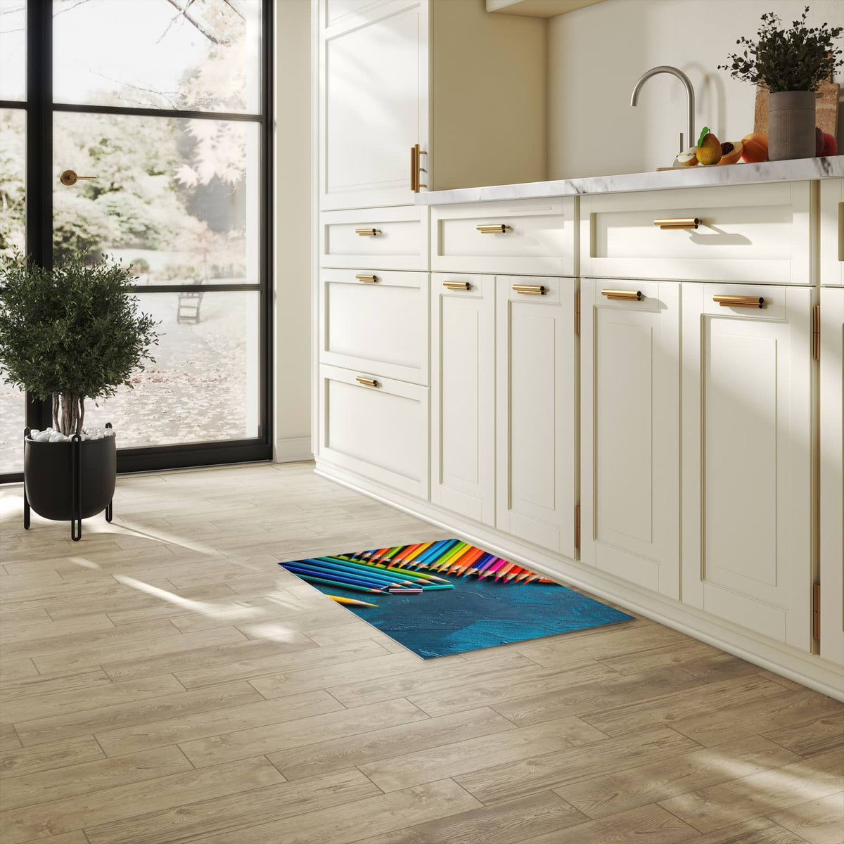 Küchenteppich mit Motiv Buntstifte auf Holz für Ordnung & Übersicht in heller Küche
