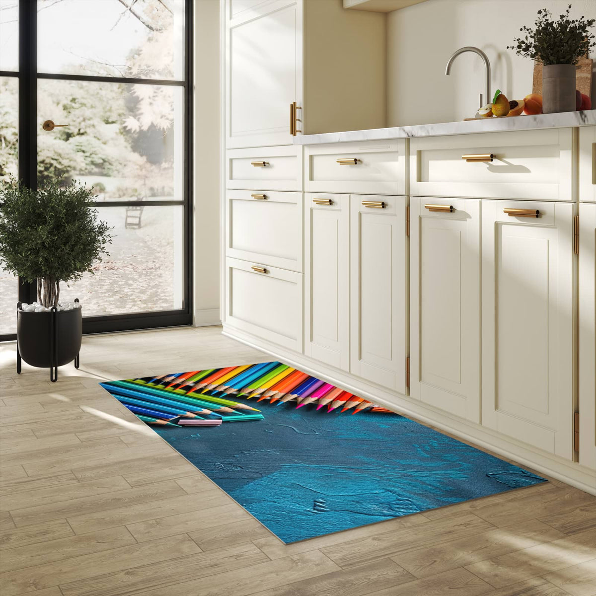 Zeitsparender Küchenteppich mit Motiv Buntstifte auf Holz in heller Küche - leicht waschbar