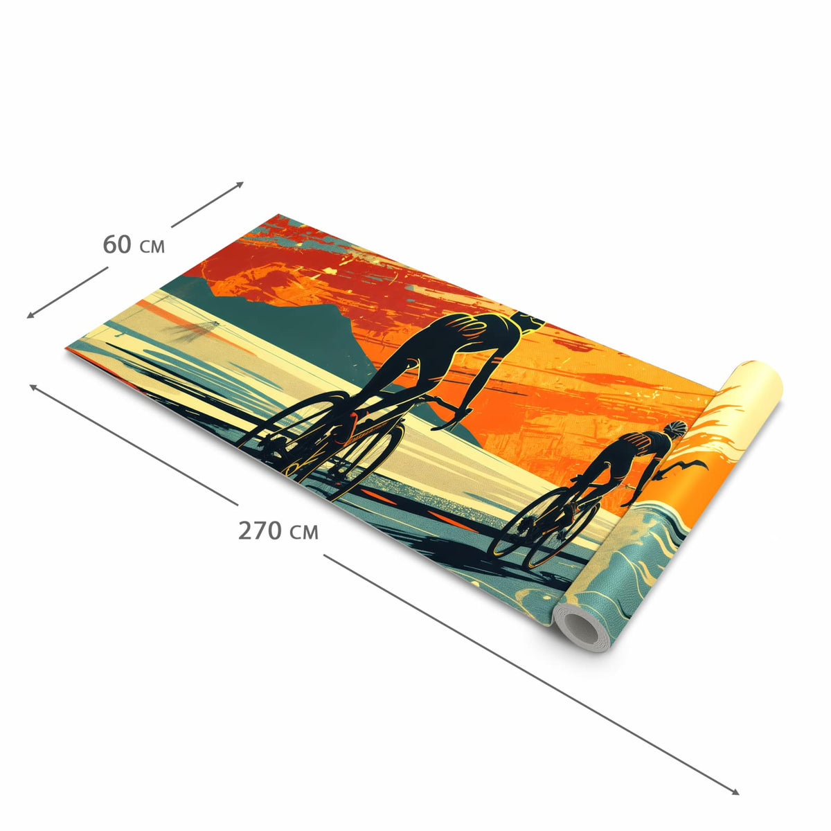 Geräuschdämpfender Küchenteppich mit Motiv Radfahrer Sonnenuntergang in der Größe 60x270 cm