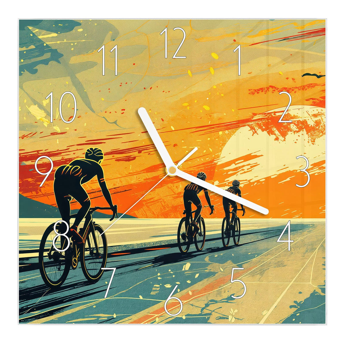 Wanduhr aus Glas, Ziffernblatt Elegant mit Motiv Radfahrer im Abendrot: Retro-Illustration #ziffernblatt_Elegant