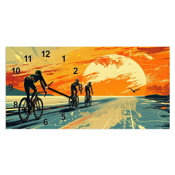 Wanduhr Radfahrer Sonnenuntergang aus Glas – Querformat 60 × 30 cm mit Ziffernblatt Modern
