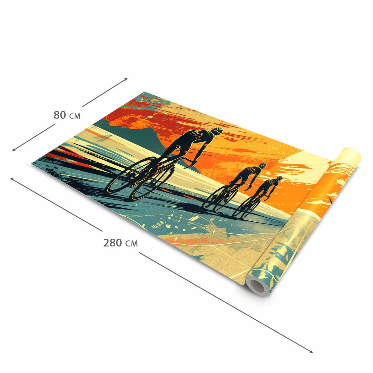 Fleckenresistenter Küchenläufer mit Motiv Radfahrer Sonnenuntergang in der Grösse 60x270 cm
