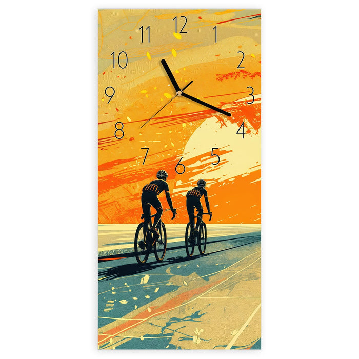 Wanduhr Radfahrer Sonnenuntergang aus Glas – Hochformat 30 × 60 cm mit Ziffernblatt Elegant