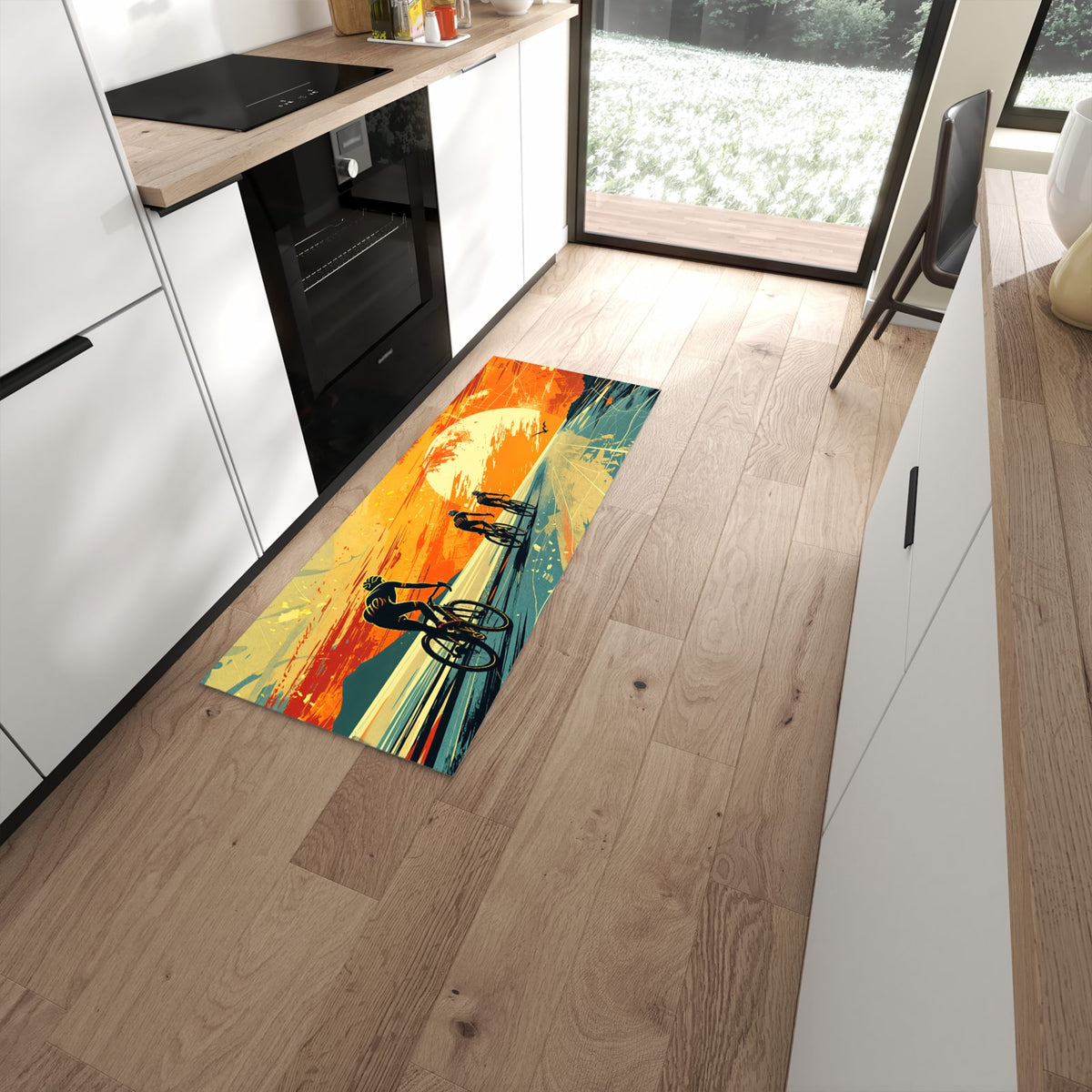 Farbbeständiger rutschfester Küchenläufer mit Motiv Radfahrer Sonnenuntergang in moderner Küche #grösse_60 x 150 cm
