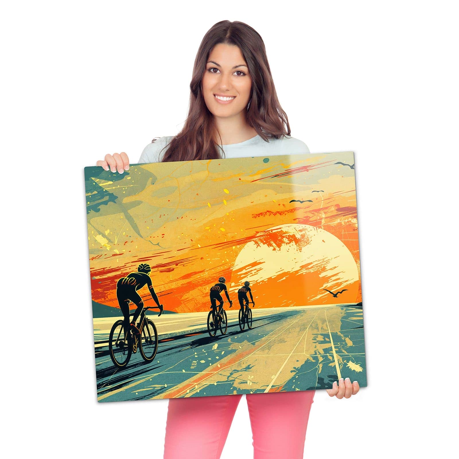 Herd Schutzplatte mit Radfahrer Sonnenuntergang-Motiv wird zur Größendarstellung gehalten