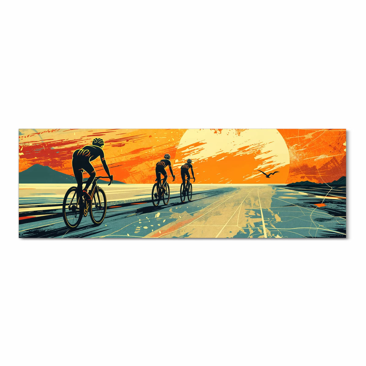 Flacher waschbarer Küchenteppich mit Motiv Radfahrer Sonnenuntergang in Frontansicht