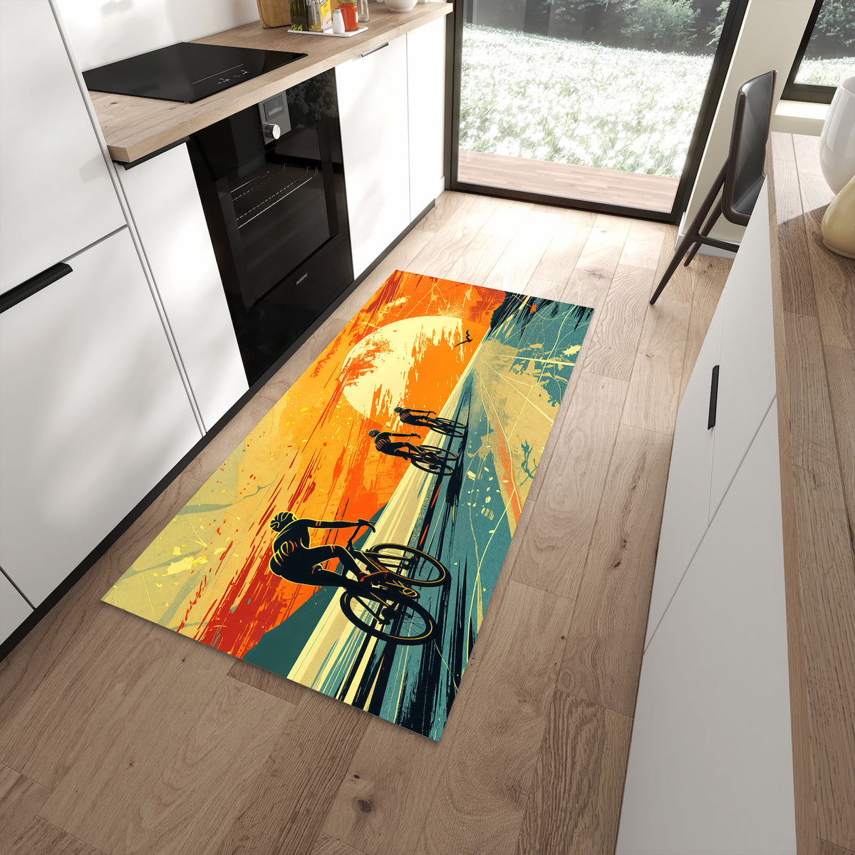 Schmutzabweisender Küchenläufer mit Motiv Radfahrer Sonnenuntergang in moderner Küche