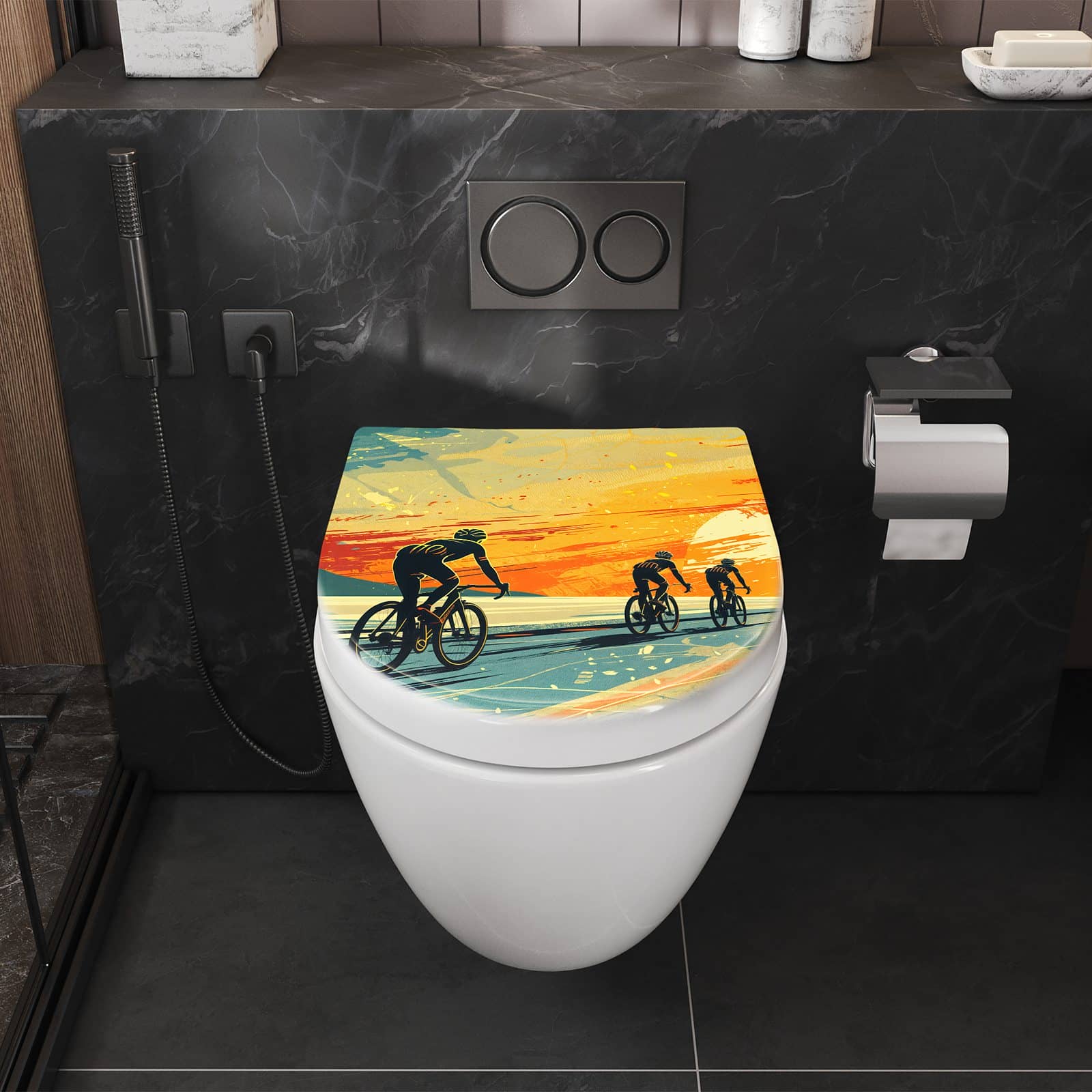WC-Sitz mit Absenkautomatik Radfahrer Sonnenuntergang